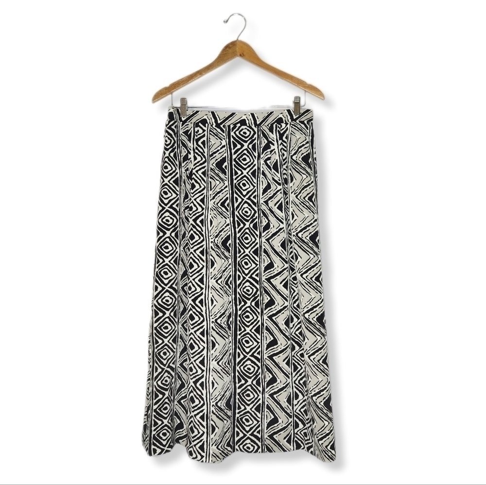 Vintage 80s Cream Black Tribal Print Flounce Maxi Skirt Size Large